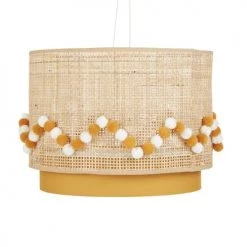 Luminaires enfant Soldes 5 Maisons Du Monde Suspensions Enfant Abat-jour Pour Suspension En Rotin Et Tissu Jaune Décoré De Pompons écrus Et Jaunes D35
