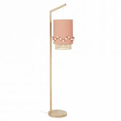 Maisons Du Monde Lampadaires Enfant Lampadaire En Bois D'hévéa Abat-jour Rose Avec Pompons H138