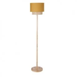 Maisons Du Monde Lampadaires Enfant Lampadaire Fixe En Bois D'hévéa Avec Abat-jour En Rotin Et Tissu Jaune H146