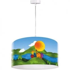 BPS Koncept Suspensions Enfant Suspension Enfant Abat-jour Tissu Multicolore Et Blanc Et Vert ø 40 -Luminaires enfant Soldes suspension enfant abat jour tissu multicolore et blanc et vert oe 40 2